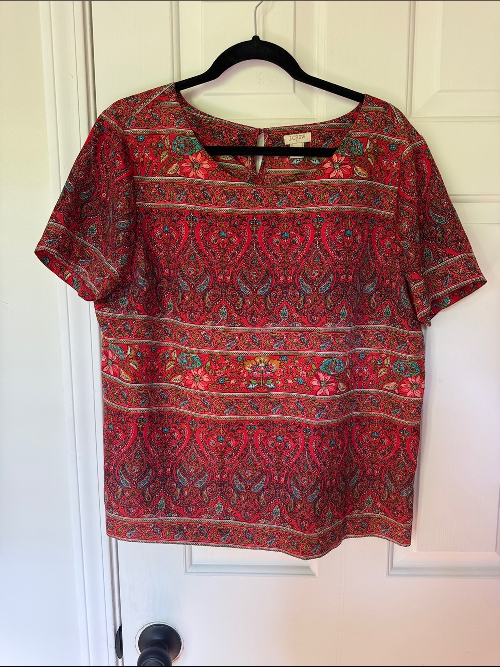 J. Crew Red Paisley Floral Short Sleeve Top